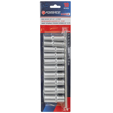 Набор головок глубоких 8, 10, 12-19 мм 3/8'' 12-гр 10 пр Forsage F-3102-9