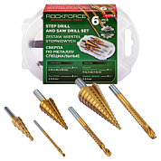 Набор сверл ступенчатых 4-12, 4-20, 4-32 мм, сверл-фрез 3, 6, 8 мм, по алюминию, меди, дереву, пластику 6 пр RockForce RF-44706