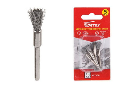 Щетка из углеродистой стали 5 мм, раб. Ø 5.0 мм, Ø хвостовика 3.2 мм, 15000 об/мин WORTEX ETBS3205018