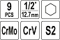 Набор ударных головок-бит 1/2'' HEX H6-H19, CrMo, CrV, S2, 9 пр.) Yato YT-10662