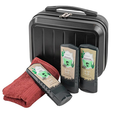 Набор, сумка черная2208#, гель для душа, бальзам для волос головы и бороды, шампунь для волос и бороды, полотенце-шоколад La and Te beaute LT15Bag