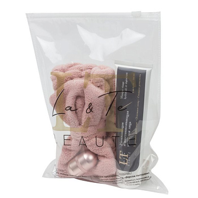 Набор: увл. маска для лица 100 мл LT-1886, массажер ролик для лица из вулканического камня, повязка на голову-бант, розовая La and Te beaute LT-37