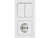 Блок выкл. 2 клав. + розетка, открытая, с/з, брызг. защ. белая, Аструм,