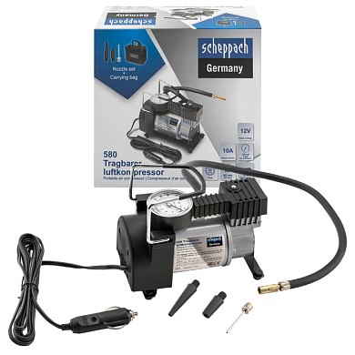 Компрессор автомобильный поршневой с аналоговым манометром, 12В, 10А, 30л/мин, 7бар, в сумке Scheppach Sch-580