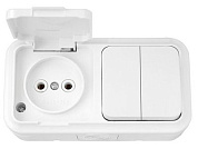 Блок выкл. 2 клав. + розетка (открытая, б/з, брызг. защ.) белая, Пралеска Аква, (IP54 пылебрызгозащищенные) Bylectrica 2В-РЦ-655