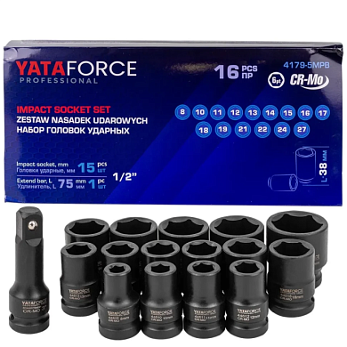 Набор ударных головок 8-27 мм 1/2'' 6 гр 16 пр, удлинитель 75 мм YATAFORCE YF-4179-5MPB