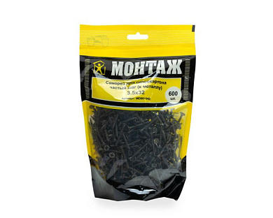 Саморез для гипсокартона 3.5x32, частый шаг, к металлу, фосфат, дой-пак L, 600 шт МОНТАЖ MD001042