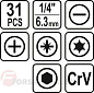 Набор бит SL, PH, PZ, Torx, HEX 1/4'' с битодержателем 31 пр. 1/4'' Sthor 66302