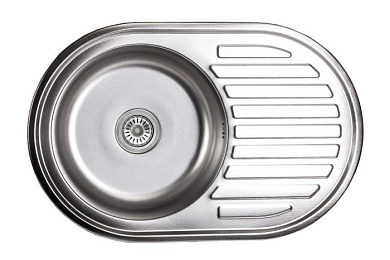 Мойка нерж. сталь, овальная одночашевая, 770*500мм, декорированная хром, универсальная (0,8мм) AKS 10992