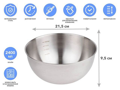 Миска для взбивания из нерж. стали, диаметр 21.5 см, с мерной шкалой, серия CHEF, PERFECTO LINEA (21.5х9.8см., 2400 мл)