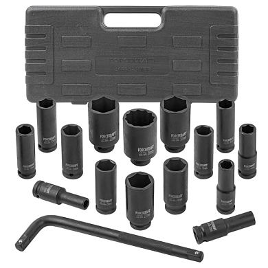 Набор головок ударных глубоких 10-32 мм 1/2", 36 мм - 12 гр, с Г-образным воротком 16 пр ForceKraft FK-4166A-5MPB
