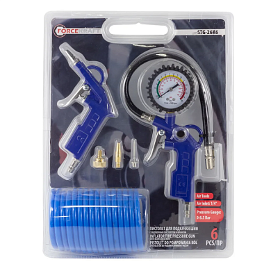 Пистолет для подкачки шин с манометром в комплекте с пистолетом обдувочным и шлангом 0-8.5 Bar, шланг 5 м ForceKraft FK-STG-26K6