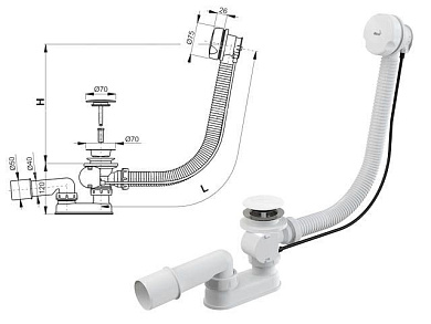 Сифон для ванны автомат комплект, белый, Alcaplast A51BM
