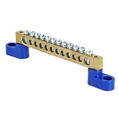Шина "0" N (6х9мм) 12 отверстий латунь 2 синих угловых изолятора EKF PROxima sn0-63-12-2