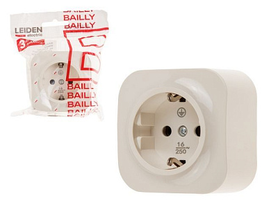 Розетка 1-ая, открытая, с/з бежевая, Bailly, LEIDEN ELECTRIC 806024