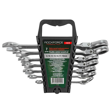Набор ключей комбинированных трещоточных с шарниром 7 пр, 8-19 мм RockForce RF-51072F