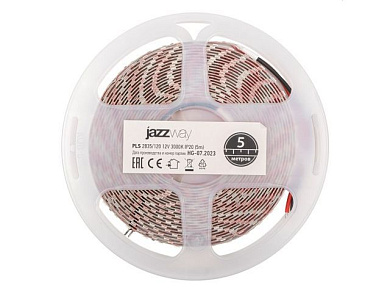 Лента светодиодная PLS-2835/120, 12.0 Вт/м, 960 Лм/м, 3000К, IP20, 12В, 5 м в уп. JAZZWAY 2859075