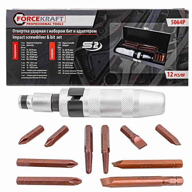 Отвертка ударная с комплектом бит и адаптером, набор 12 пр. ForceKraft FK-5064P