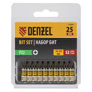 Бита PZ2х25, сталь S2, шестигранный профиль, 10 шт. Е 6,3 Denzel 11654