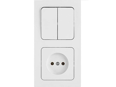 Блок выкл. 2 клав. + розетка, открытая, с/з, брызг. защ. белая, Аструм,