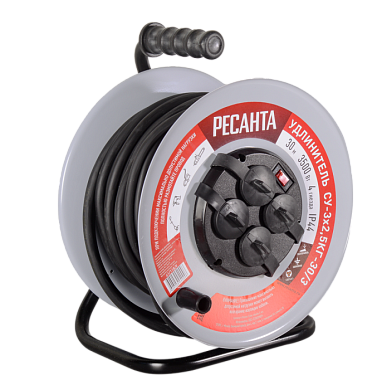 Удлинитель силовой на металлической катушке, СУ-3х2,5КГ-30/3 (с выкл., 4 розетки, IP44) Ресанта 61/118/9