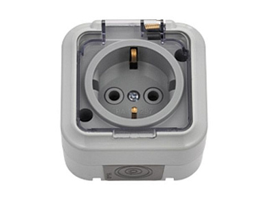 Розетка 1-ая (открытая, с/з, брызг. защ.) серая, Пралеска Аква, (IP54 пылебрызгозащищенные, прозрачная крышка) Bylectrica РА16-297(02)