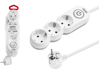 Удлинитель 3м (3 роз. 3,5кВт с/з выкл ПВС 3х1,5) LEIDEN ELECTRIC 805033