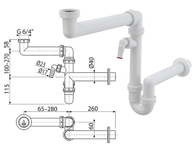Сифон для мойки экономящий пространство cо штуцером и накидной гайкой 6/4, Alcaplast A872P