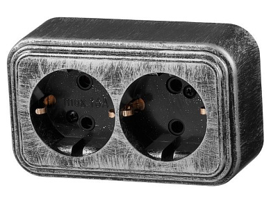 Розетка 2-ая, открытая, с/з, серебро, Стандарт, RA 16-238-ЧС, Юпитер JP7431-07