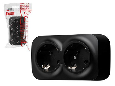 Розетка 2-ая, открытая, с/з черная, Bailly, LEIDEN ELECTRIC 806015
