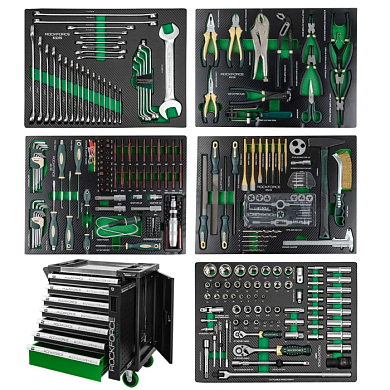 Набор инструментов 274+12 пр в 7-ми полочной тележке и дополнительной боковой секцией RockForce RF-55300+12