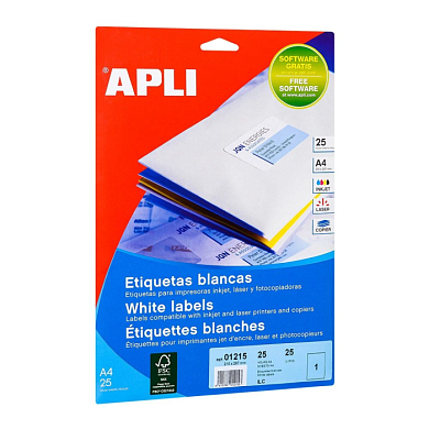 Самоклеящиеся этикетки универсальные Apli, 210x297 мм, 25 листов, 1 шт, белый