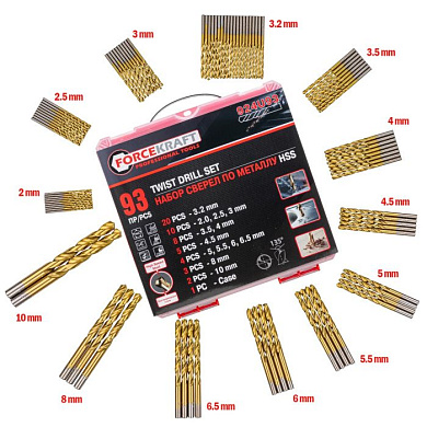 Набор сверл по металлу 93 пр. 2-10 мм ForceKraft FK-924U93