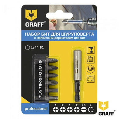 Набор бит PH, PZ, SL, HEX, 1/4'', с магнитным держателем 6 пр. GRAFF 4603