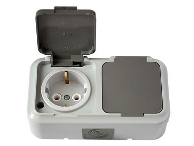 Розетка 2-ая (открытая, с/з, брызг. защ.) серая, Пралеска Аква, (IP54 пылебрызгозащищенные) Bylectrica РА16-303(03)