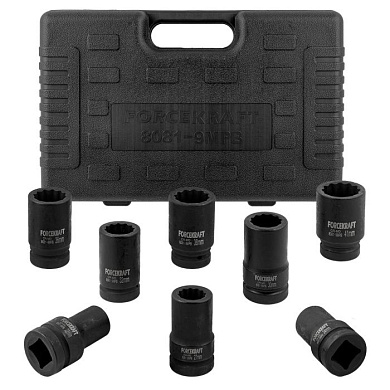 Набор глубоких ударных головок 8 пр., 1'', 12-гр., 22-41 мм ForceKraft FK-8081-9MPB