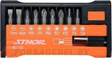 Набор бит SL, PH, PZ, Torx 1/4'' с битодержателем 10 пр. Sthor 65705