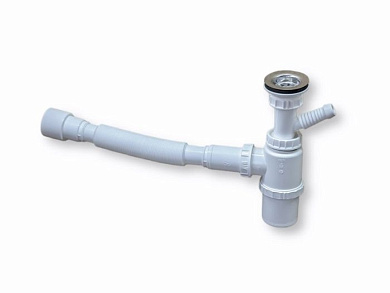 Сифон для умывальника с выпуском 1 1/4 с гофрой D40/50 и выходом под с/м, пластик, белый WISENT GER009