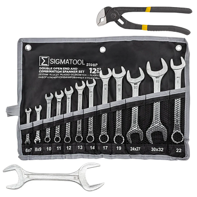 Набор комбинированных 10-22 мм и рожковых ключей 6х7, 8х9, 24х27, 30х32, 36х41 мм, пассатижи, 14 пр SIGMATOOL Sigmatool-5198P+2