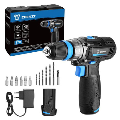 Аккумуляторная дрель-шуруповерт DKCD12V PRO в кейсе co съемным патроном + оснастка 13 шт, 12В, 2х1.5Ач DEKO 083-1004