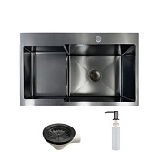 Мойка нерж. сталь, прямоугольная одночашевая, 780*480мм, графит, PVD покрытие, мойка справа (3,2мм) AKS 106643