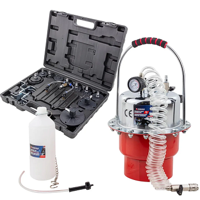 Приспособление для замены тормозной жидкости пневматическое с набором крышек-переходников для расширительного бачка автомобиля Forsage F-9T3608U