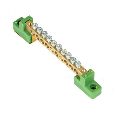 Шина "0" PE 6x9мм 10 отверстий латунь с контактной пластиной 2 зелёных угловых изолятора EKF PROxima sn0-63-10-2-pe