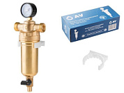 Фильтр самоочищающийся 3/4" нар. или 1/2" вн., 100 микрон, с манометром, инд. упак., промывной латунный AV Engineering AVE115701