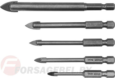 Сверла по плитке и стеклу с хвостовиком HEX 4, 5, 6, 8, 10 мм 5 шт. Sthor 21709