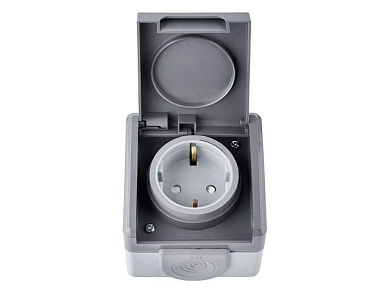 Розетка 1-ая (открытая, с/з, струезащ.) серая, Пралеска Аква, (IP55 пылеструезащищенная) Bylectrica РА16-0152(03)
