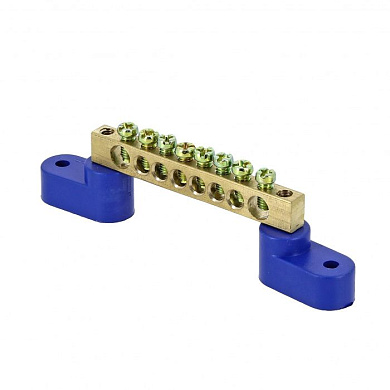 Шина "0" N (6х9мм) 8 отверстий латунь 2 синих угловых изолятора розничный стикер EKF PROxima sn0-63-08-2-r