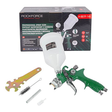 Краскораспылитель с верхним пластиковым бачком, 600 мл, 1.4 мм, 2.0-3.5Bar, 120-200л/мин RockForce RF-H-887P-14V