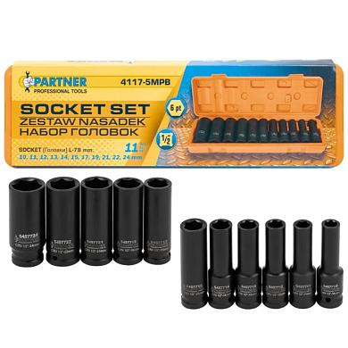 Набор глубоких ударных головок 10-24 мм 1/2'' 6-гр 11 пр Partner PA-4117-5MPB