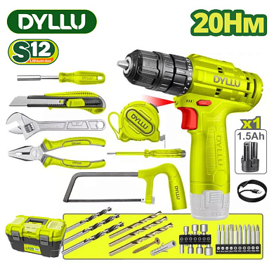 Дрель-шуруповерт с набором инструмента DYLLU DTDT1B77 (77 предметов)
